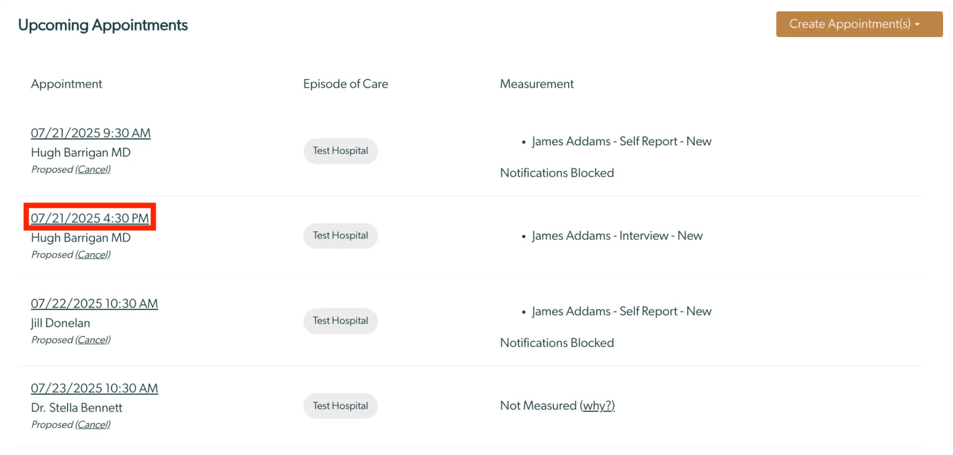 Upcoming Appointments page showing scheduled appointments with details including date, time, provider, and measurement type.