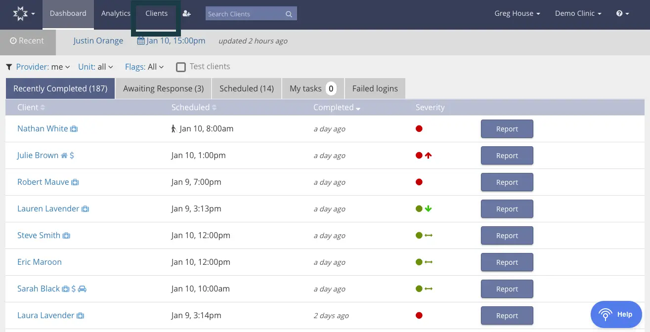 Mirah Measurement-Based Care Clients section showing recently completed patient tasks