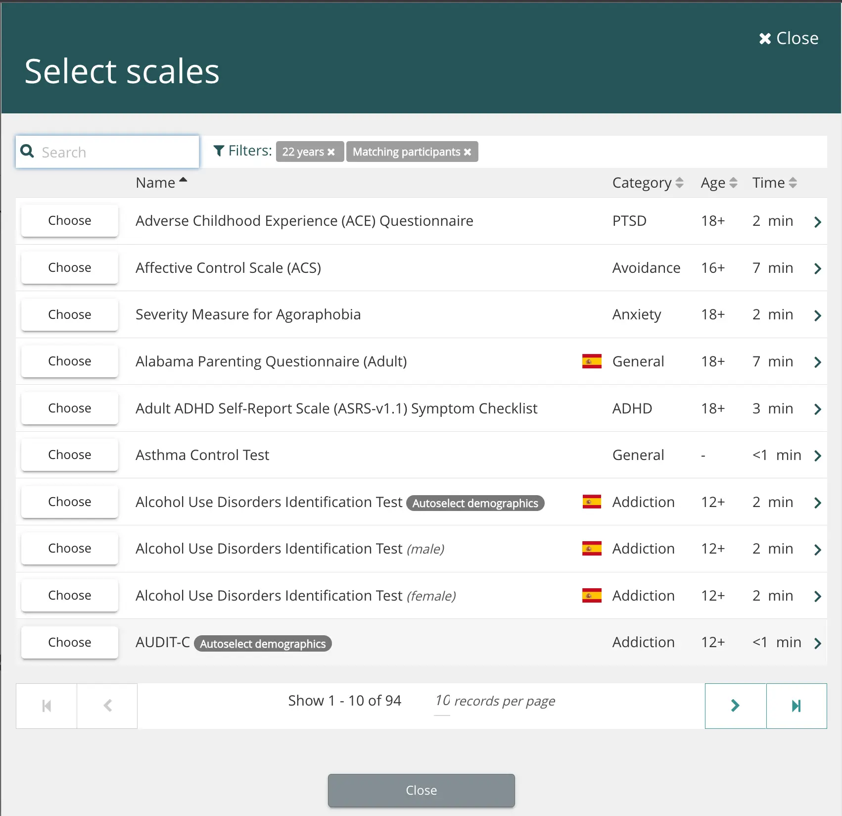 Mirah Measurement-Based Care - Select scales screen for adding core and supplemental measures