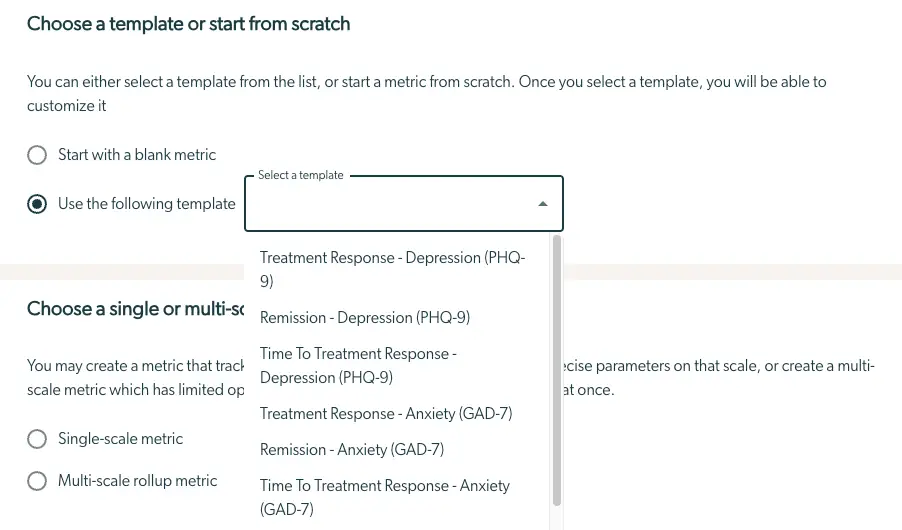 Mirah Measurement-Based Care Outcomes Framework - Select a Preset Metric screen showing template selection options for reporting and analytics.