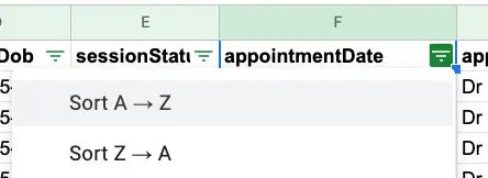 Mirah Measurement-Based Care Data Exports spreadsheet showing sorting options for appointmentDate column.
