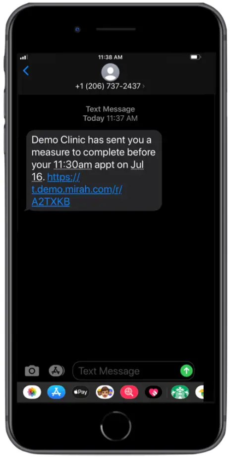 Text message from Demo Clinic with a link to complete a measure before appointment on July 16.