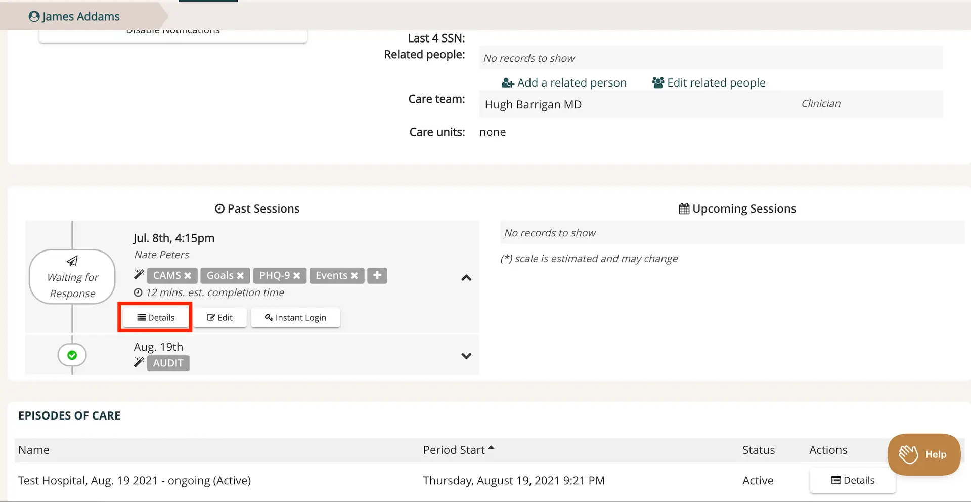 Mirah Measurement-Based Care interface showing patient James Addams' session details and episodes of care.