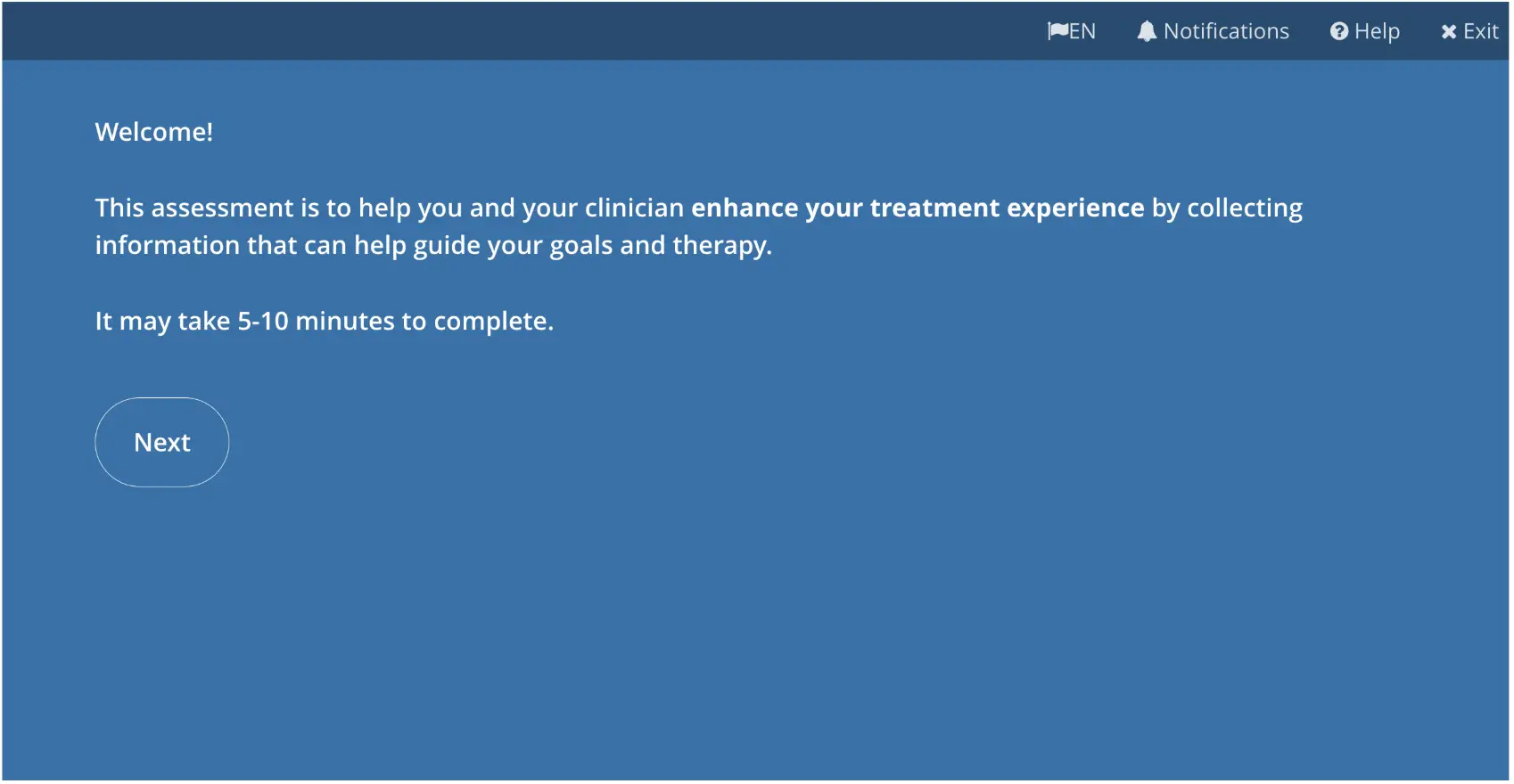 Mirah Measurement-Based Care assessment introduction screen