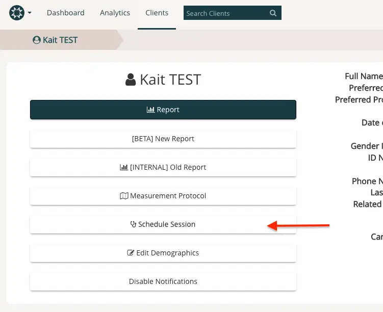 Mirah Measurement-Based Care client management interface for Kait TEST under Clients section.