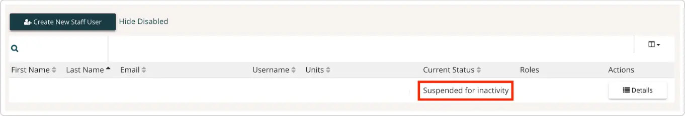 Mirah Measurement-Based Care user management screen showing a suspended user.