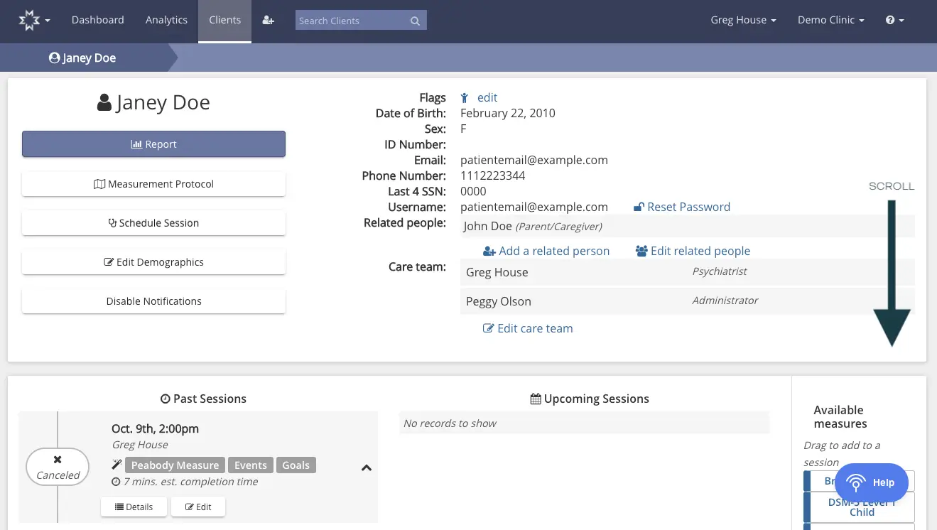 Mirah Measurement-Based Care - Janey Doe Client Profile Page