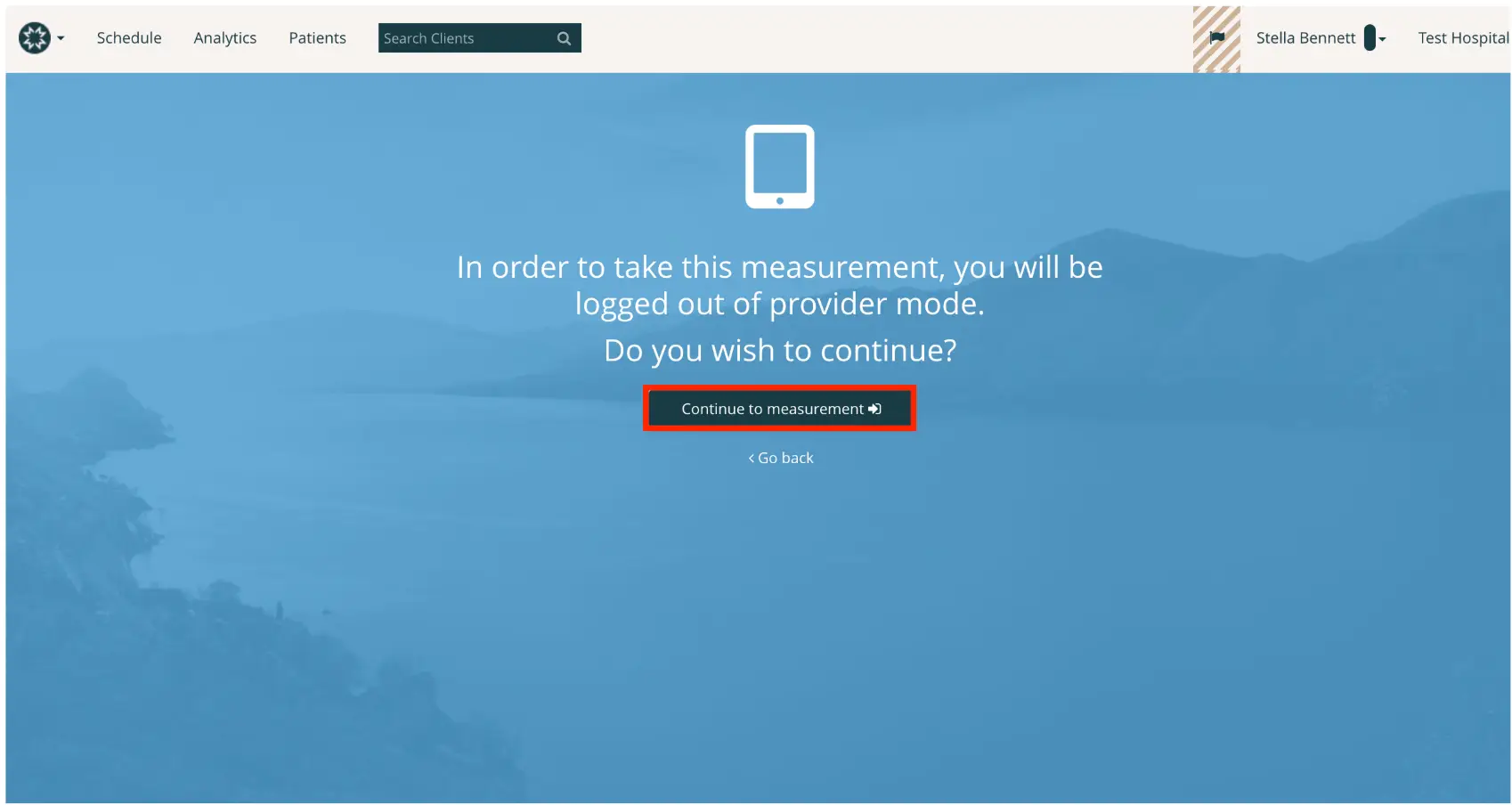 Mirah Measurement-Based Care screen prompting logout from provider mode to continue measurement.