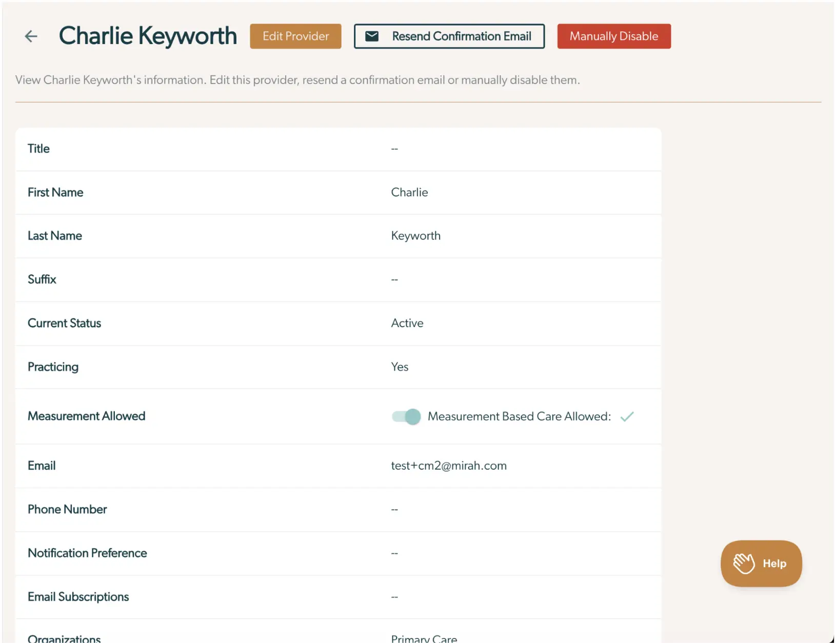 Provider management screen for Charlie Keyworth in Mirah Measurement-Based Care.