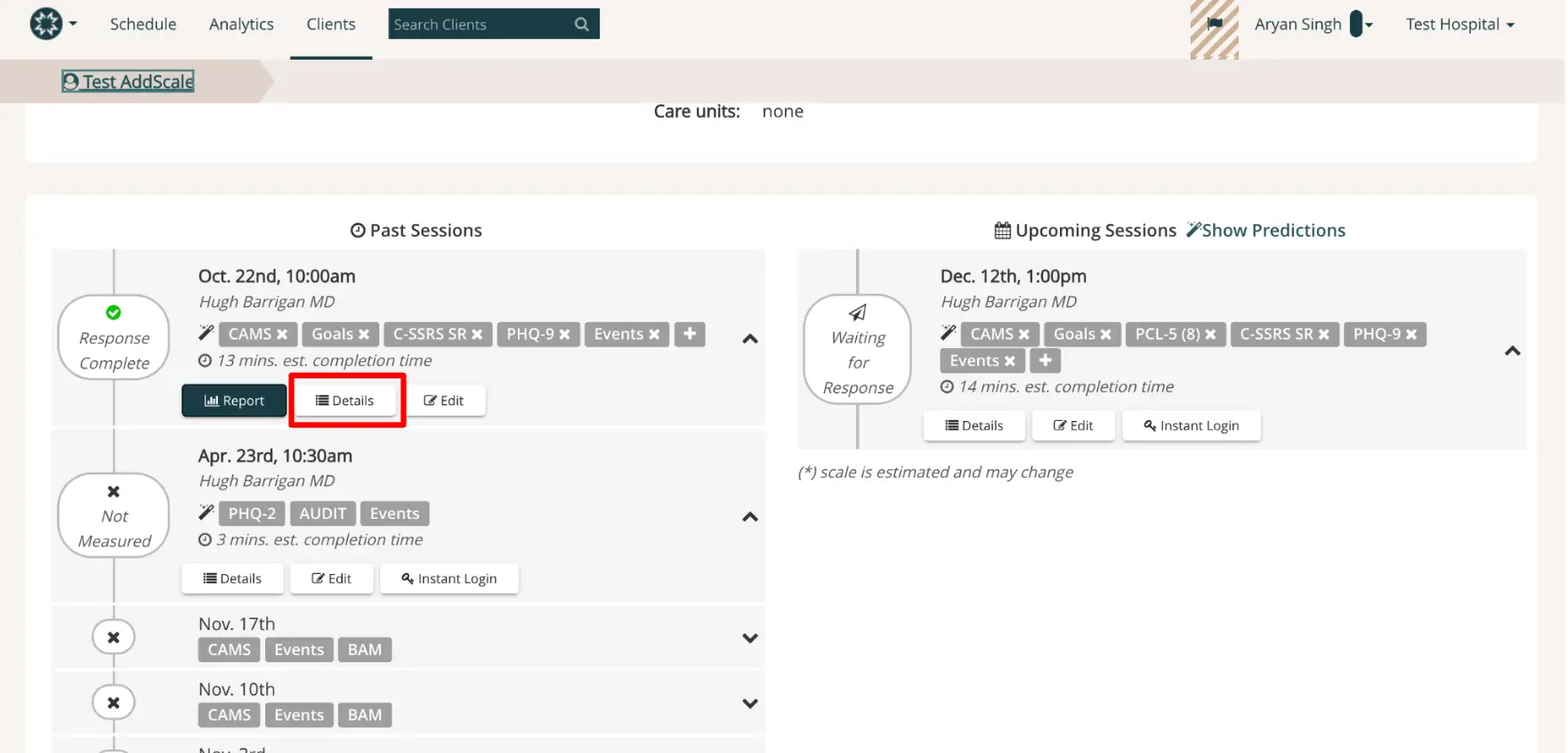 Mirah Measurement-Based Care interface showing past and upcoming sessions for client management.