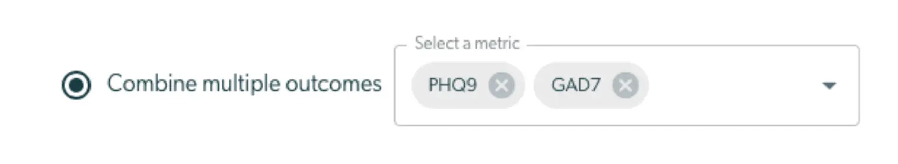 Mirah Measurement-Based Care interface for combining multiple outcomes with selected metrics PHQ9 and GAD7.