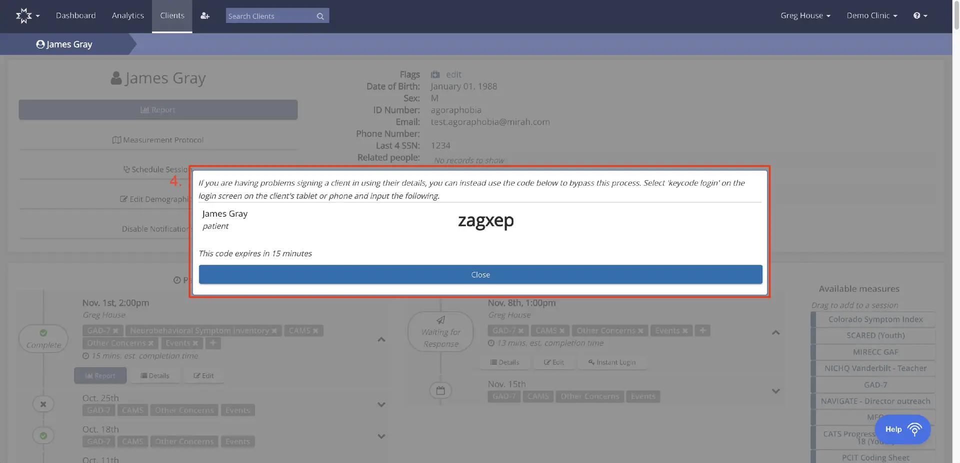 Mirah Measurement-Based Care - Key Code Access Screen for Client James Gray