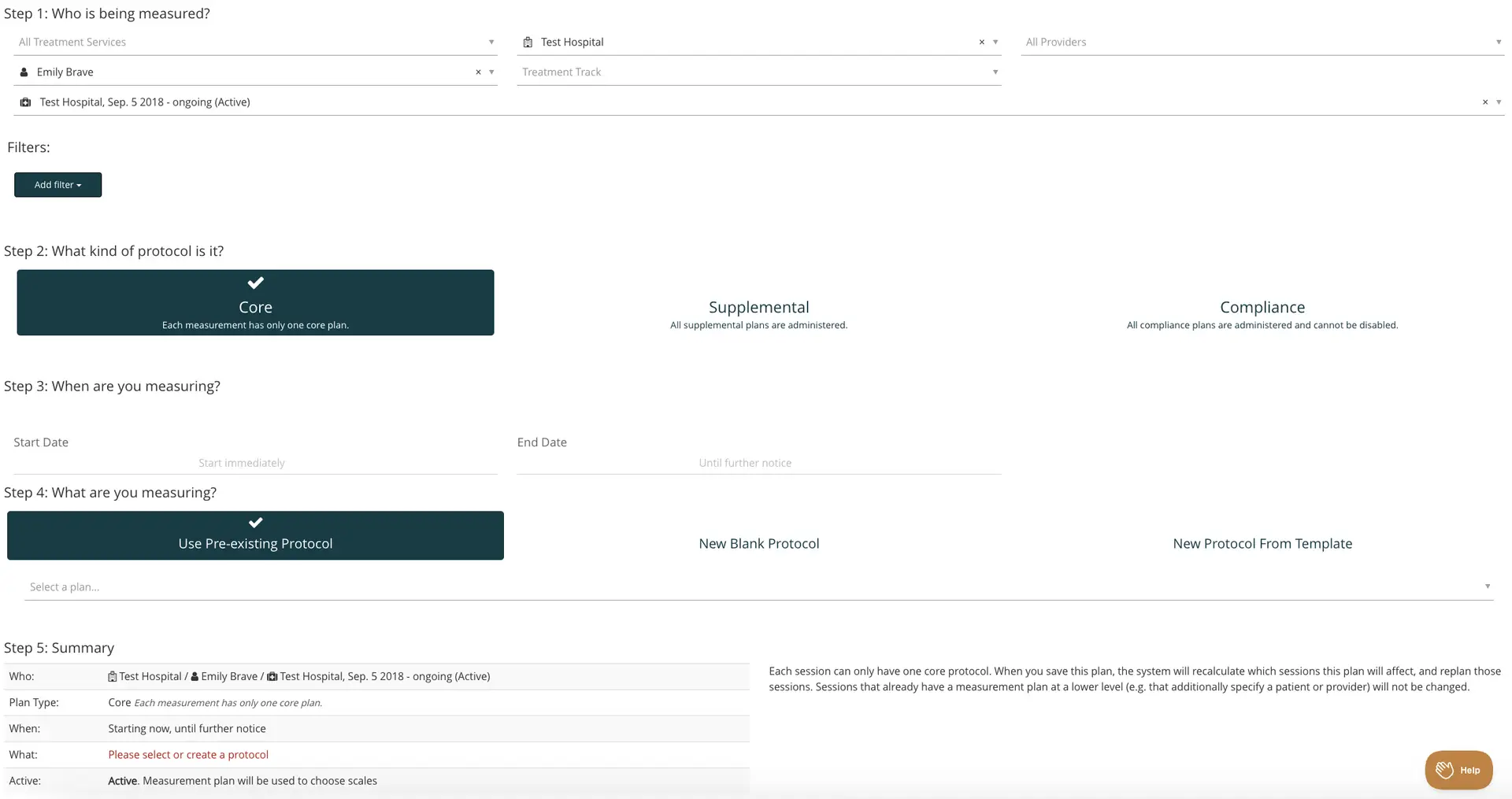 Mirah Measurement Protocol Tool interface for setting up measurement-based care protocols at Test Hospital for patient Emily Brave.