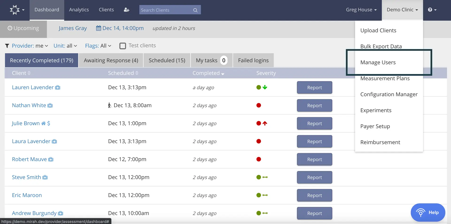 Mirah Measurement-Based Care user management screen showing client list and Manage Users option in dropdown menu.