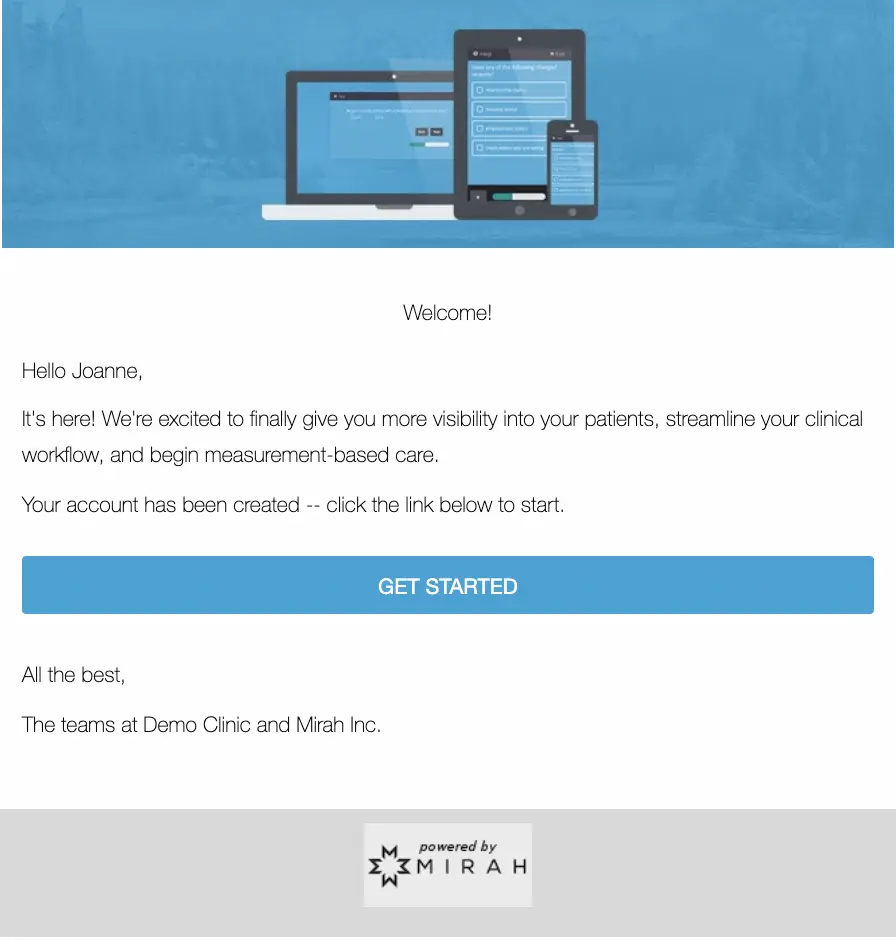 Welcome email from Mirah Inc. for Measurement-Based Care platform