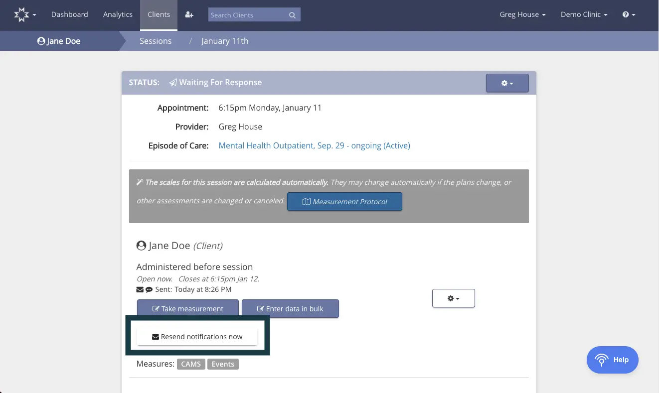 Mirah Measurement-Based Care client session details for Jane Doe on January 11th, showing appointment status, provider, and options to resend notifications.