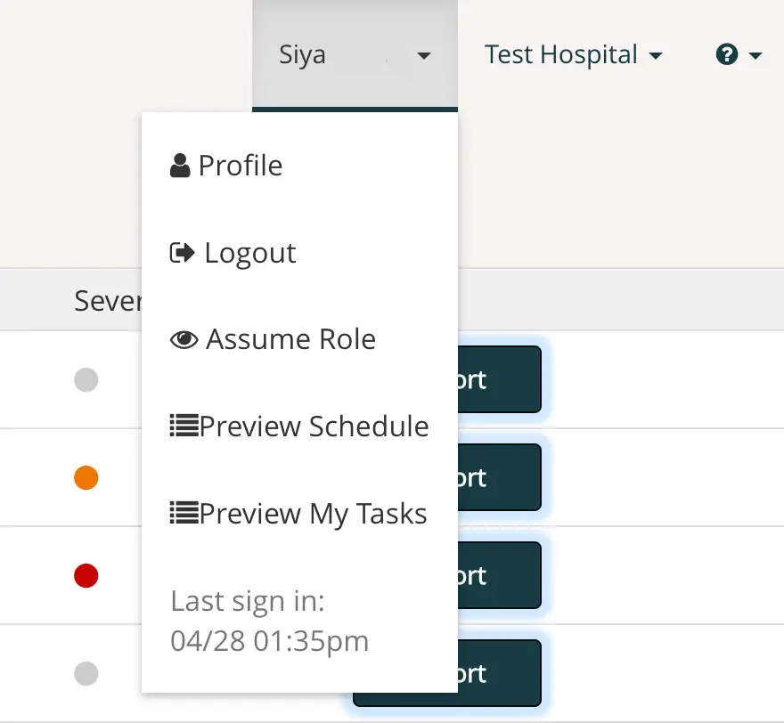 Mirah Measurement-Based Care user dropdown menu for managing users/providers