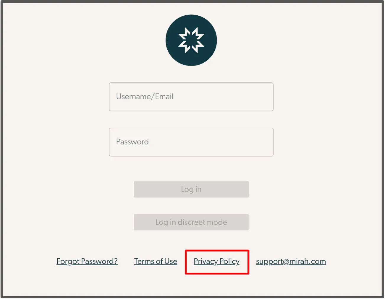 Mirah login page with Privacy Policy link highlighted