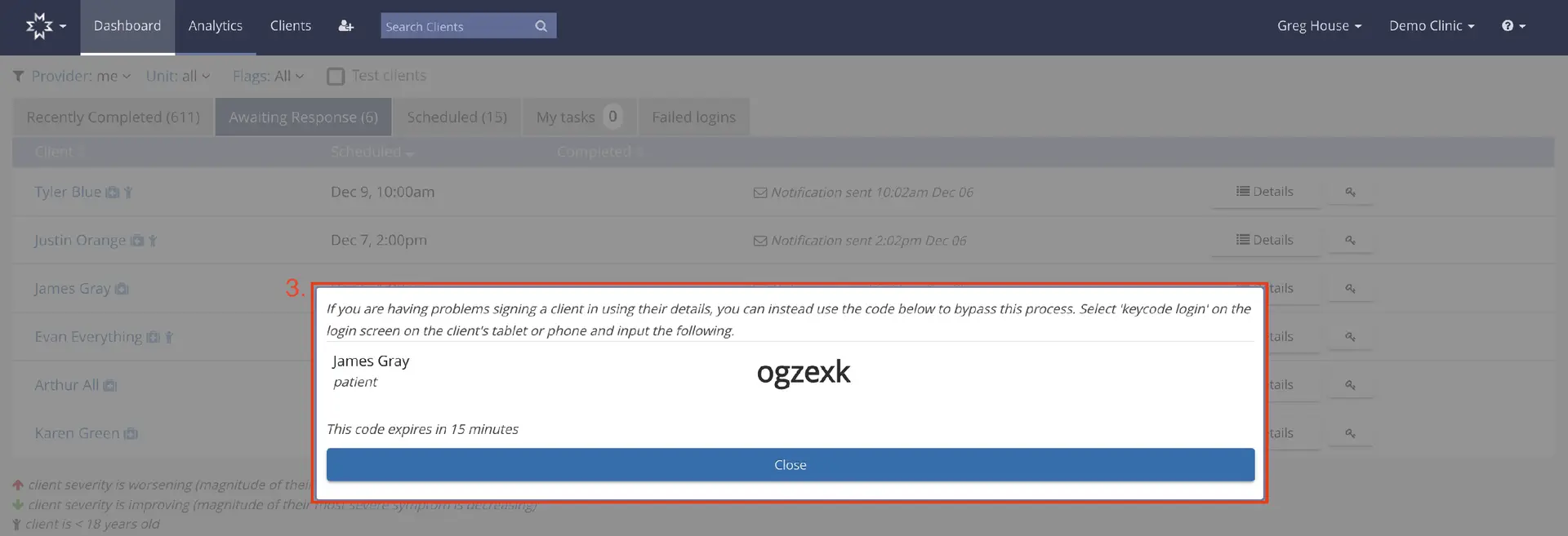 Mirah Dashboard - Key Code to Access Assessments for James Gray