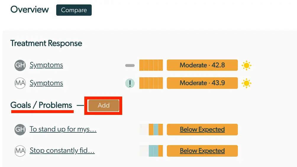 Mirah Measurement-Based Care Enhanced Feedback Report Overview screen showing treatment response and goals/problems with add button.