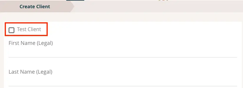 Create Client page with Test Client checkbox and fields for First Name and Last Name in Mirah Measurement-Based Care.