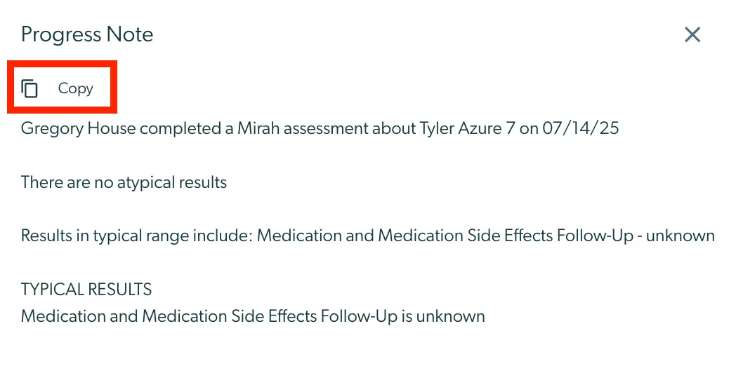 Mirah Measurement-Based Care Enhanced Feedback Report Progress Note