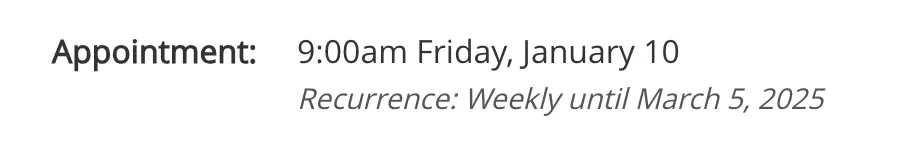 Mirah Measurement-Based Care appointment details showing a recurring appointment at 9:00 am on Friday, January 10, with weekly recurrence until March 5, 2025.