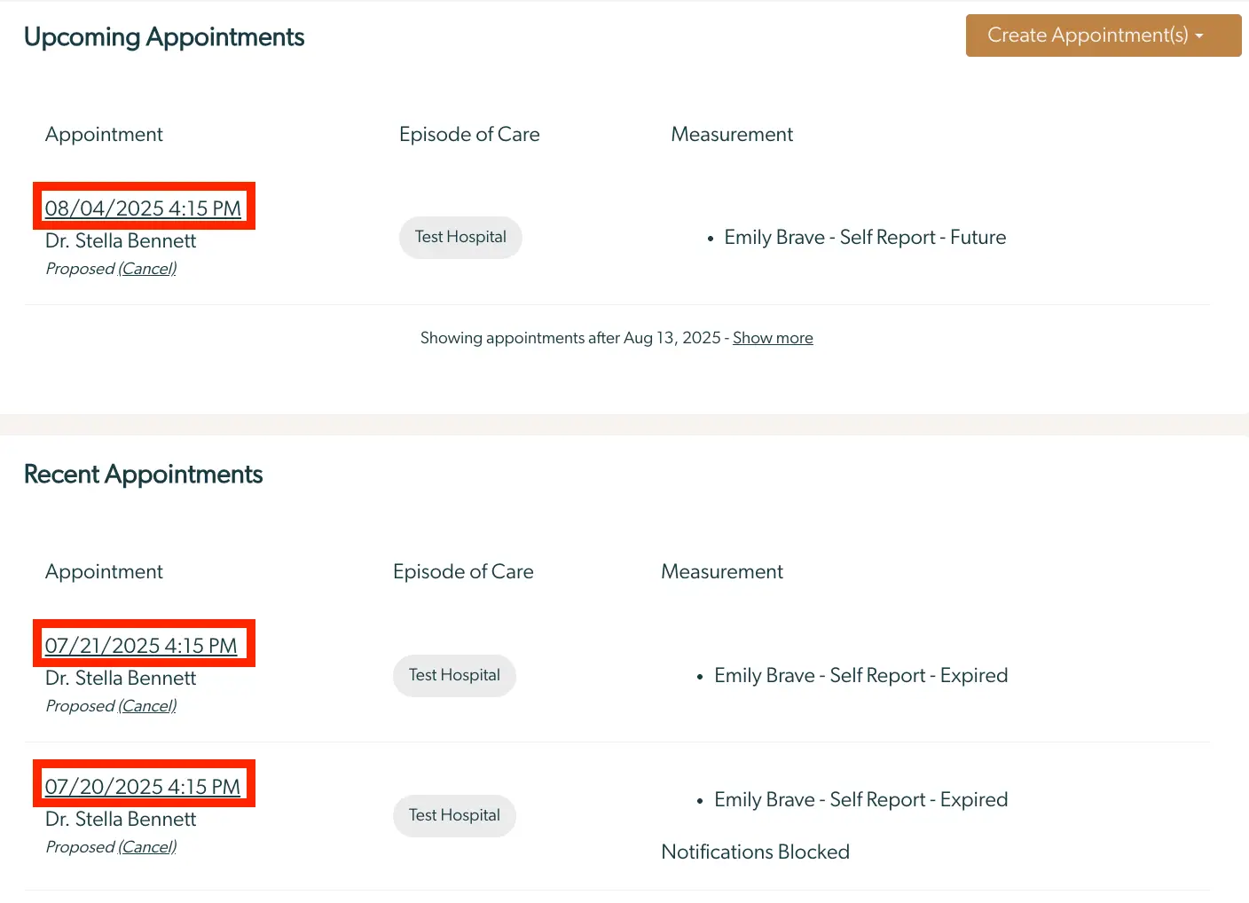 Mirah Measurement-Based Care - Appointment Management Screen showing Upcoming and Recent Appointments with details.