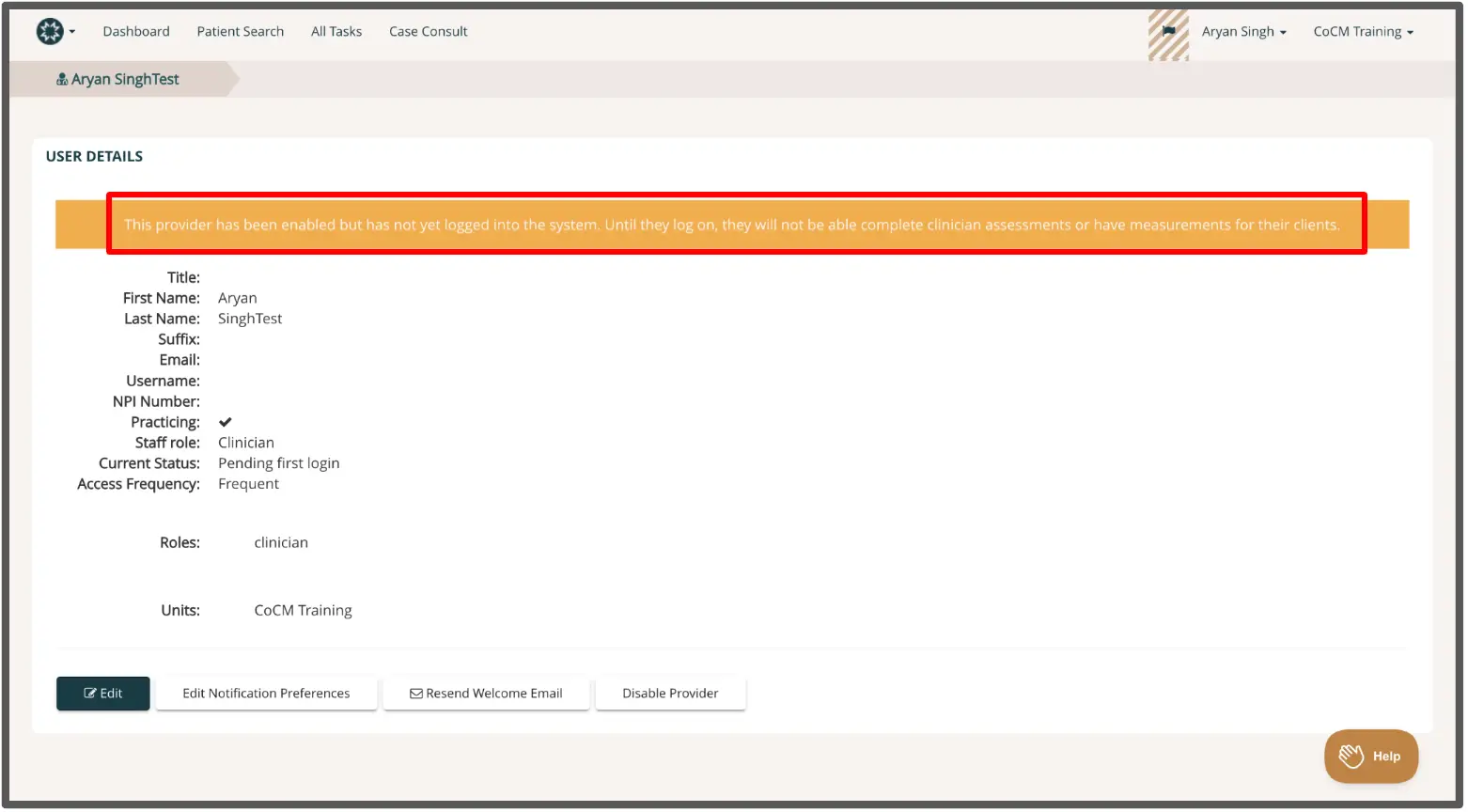 Mirah Measurement-Based Care User Details page for Aryan SinghTest