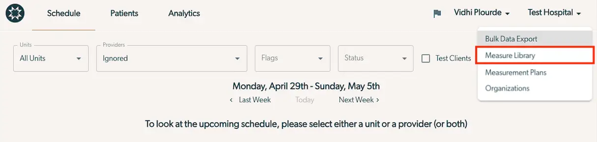 Mirah Measurement-Based Care interface with Measure Library option highlighted under Test Hospital dropdown.