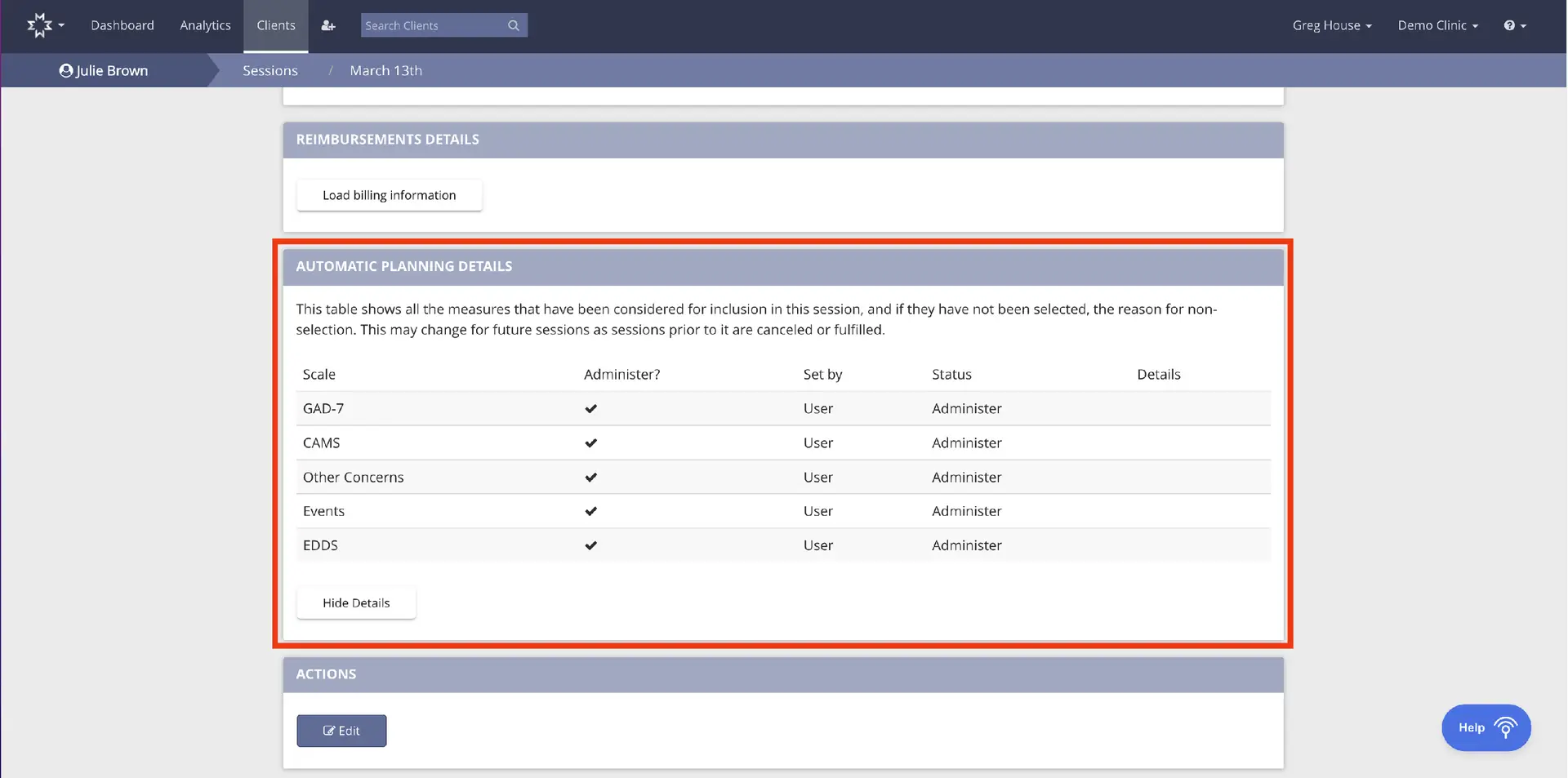 Mirah Measurement-Based Care Automatic Planning Details for Julie Brown's session on March 13th