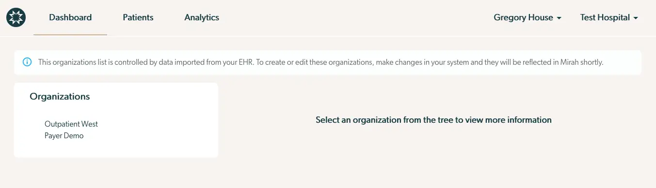Mirah Measurement-Based Care interface for editing organizations, showing organization list and user information for Gregory House at Test Hospital.