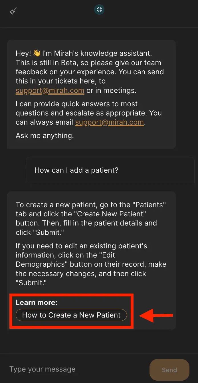 Mirah knowledge assistant chat interface with guidance on adding a patient and a button to learn more about creating a new patient.