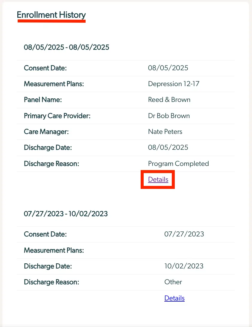 Mirah Measurement-Based Care Enrollment History showing patient enrollment details for periods 08/05/2025 - 08/05/2025 and 07/27/2023 - 10/02/2023.