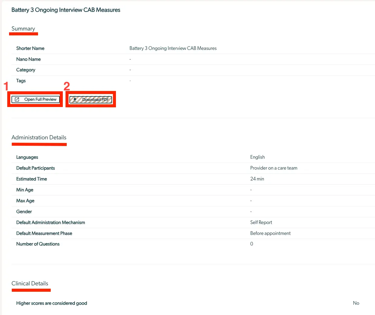 Measure Library - Battery 3 Ongoing Interview CAB Measures details page in Mirah Measurement-Based Care.