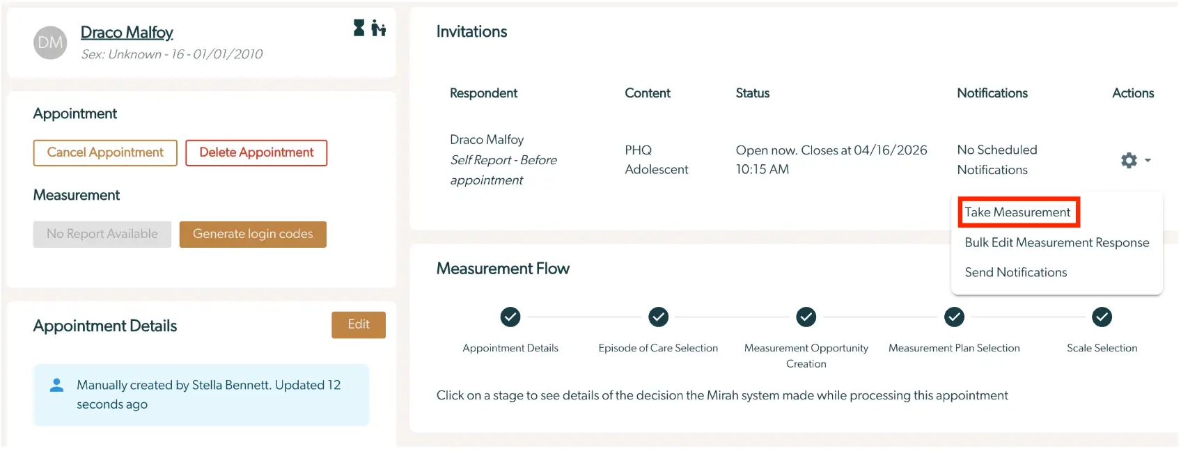 Mirah Measurement-Based Care interface showing appointment and measurement details for Draco Malfoy.