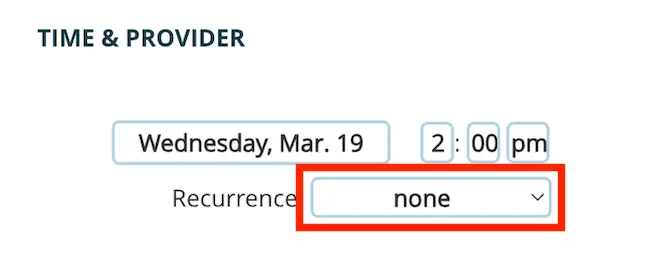 Mirah Measurement-Based Care appointment editing screen showing date, time, and recurrence options.