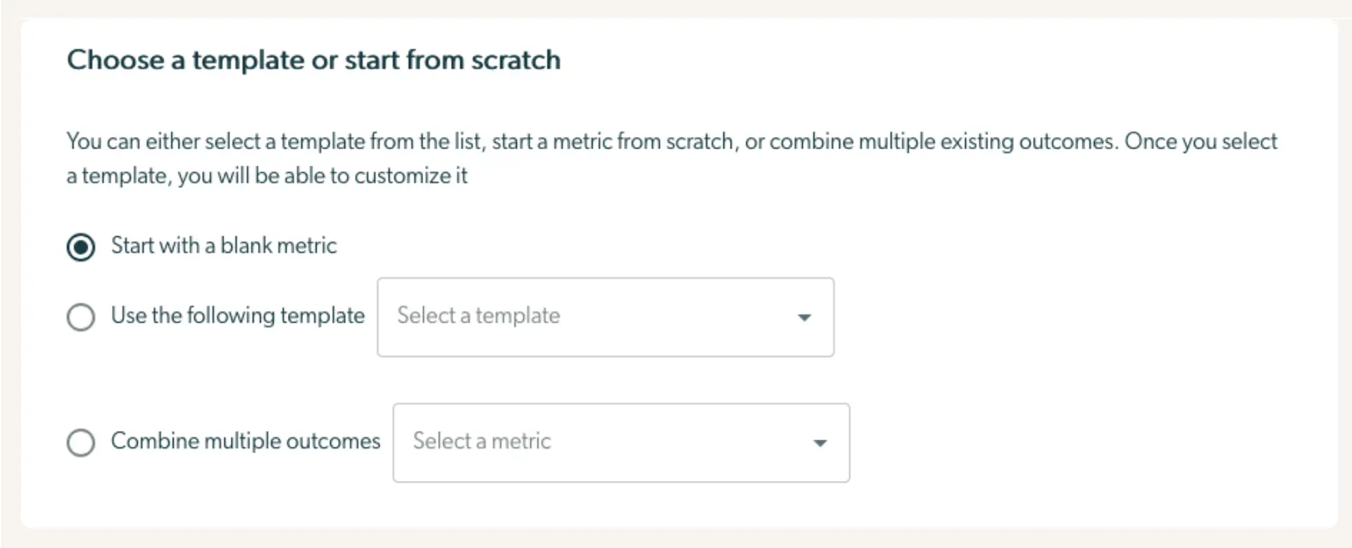 Mirah Measurement-Based Care Outcomes Framework - Create a Metric screen with options to start with a blank metric, use a template, or combine outcomes.
