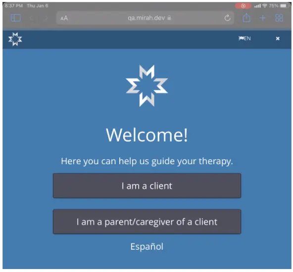 Mirah Measurement-Based Care iPad welcome screen with role selection options.