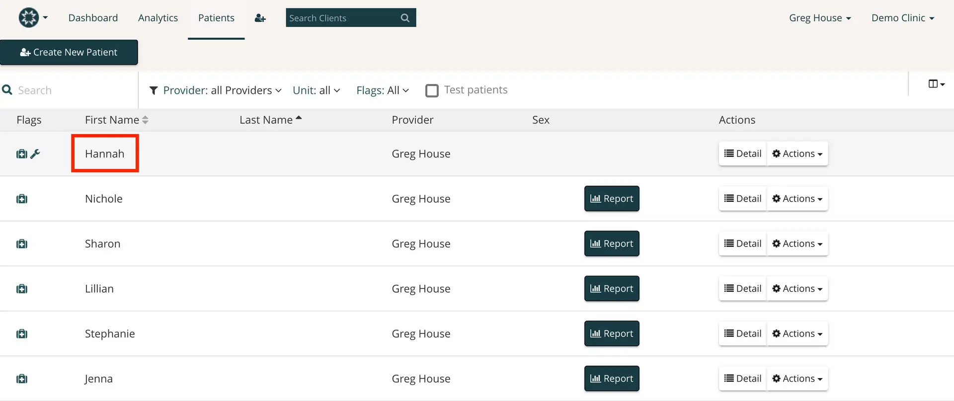 Mirah Measurement-Based Care Patients tab showing a list of patients with options to filter and access reports.