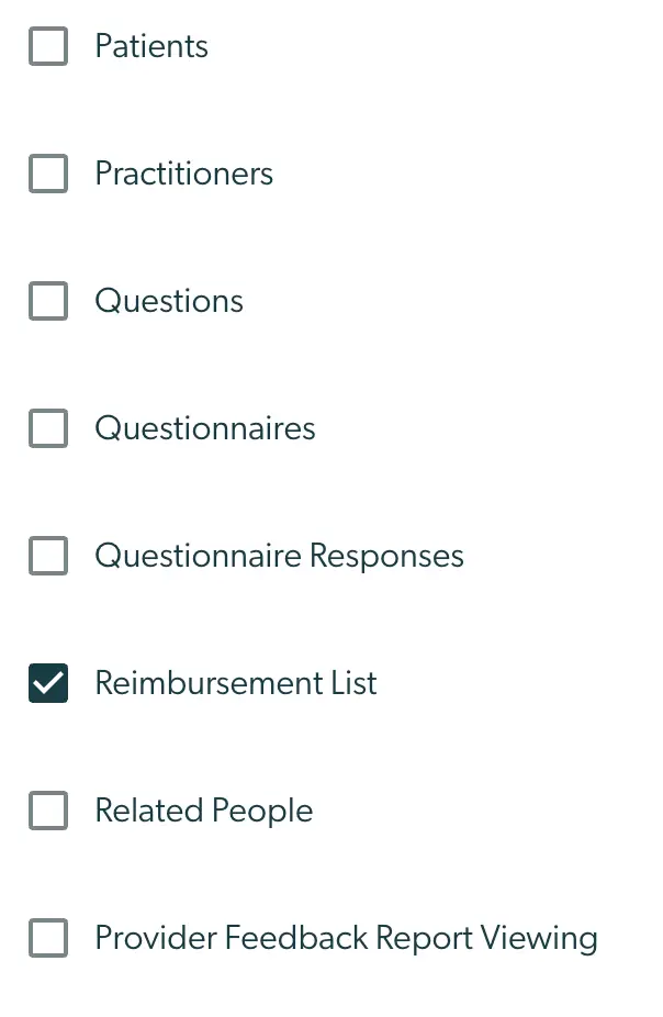 Mirah Measurement-Based Care data export options for bulk data download, including Patients, Practitioners, Questions, Questionnaires, Questionnaire Responses, Reimbursement List, Related People, and Provider Feedback Report Viewing.