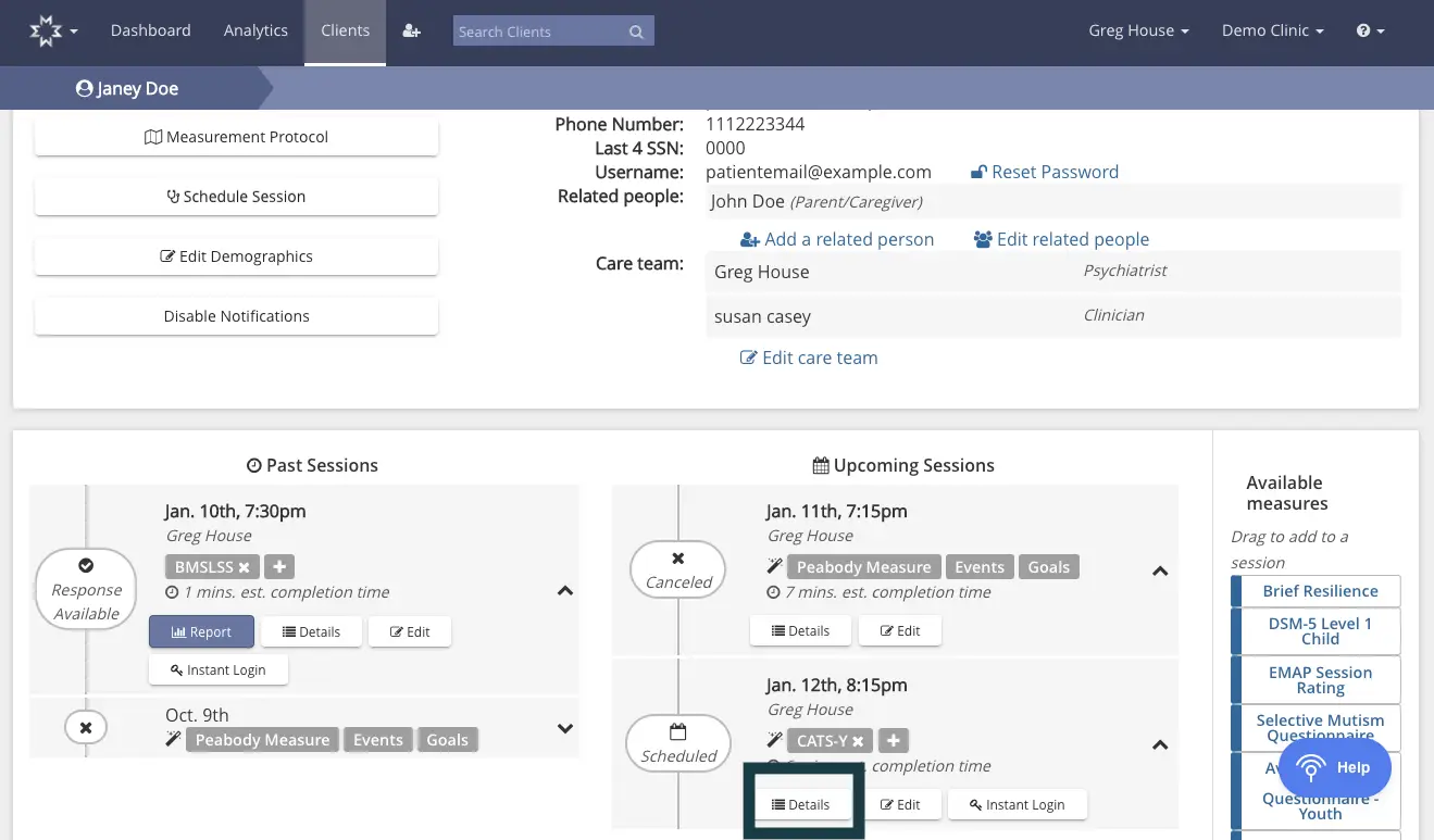 Mirah Measurement-Based Care client profile page for Janey Doe showing past and upcoming sessions, client details, and available measures.