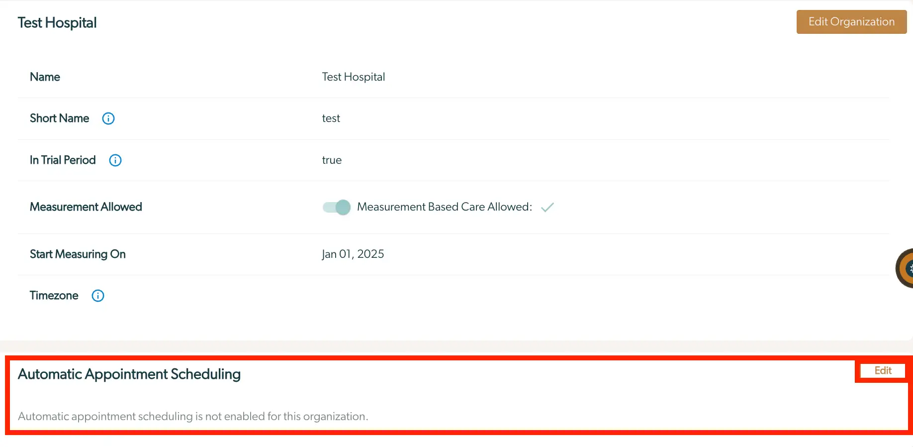 Mirah Measurement-Based Care Test Hospital settings page showing automatic appointment scheduling not enabled.