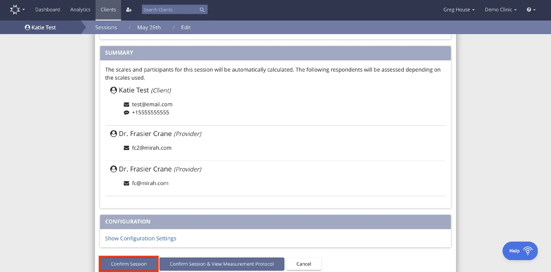 Mirah Measurement-Based Care session edit screen for May 26th with client Katie Test and provider Dr. Frasier Crane.