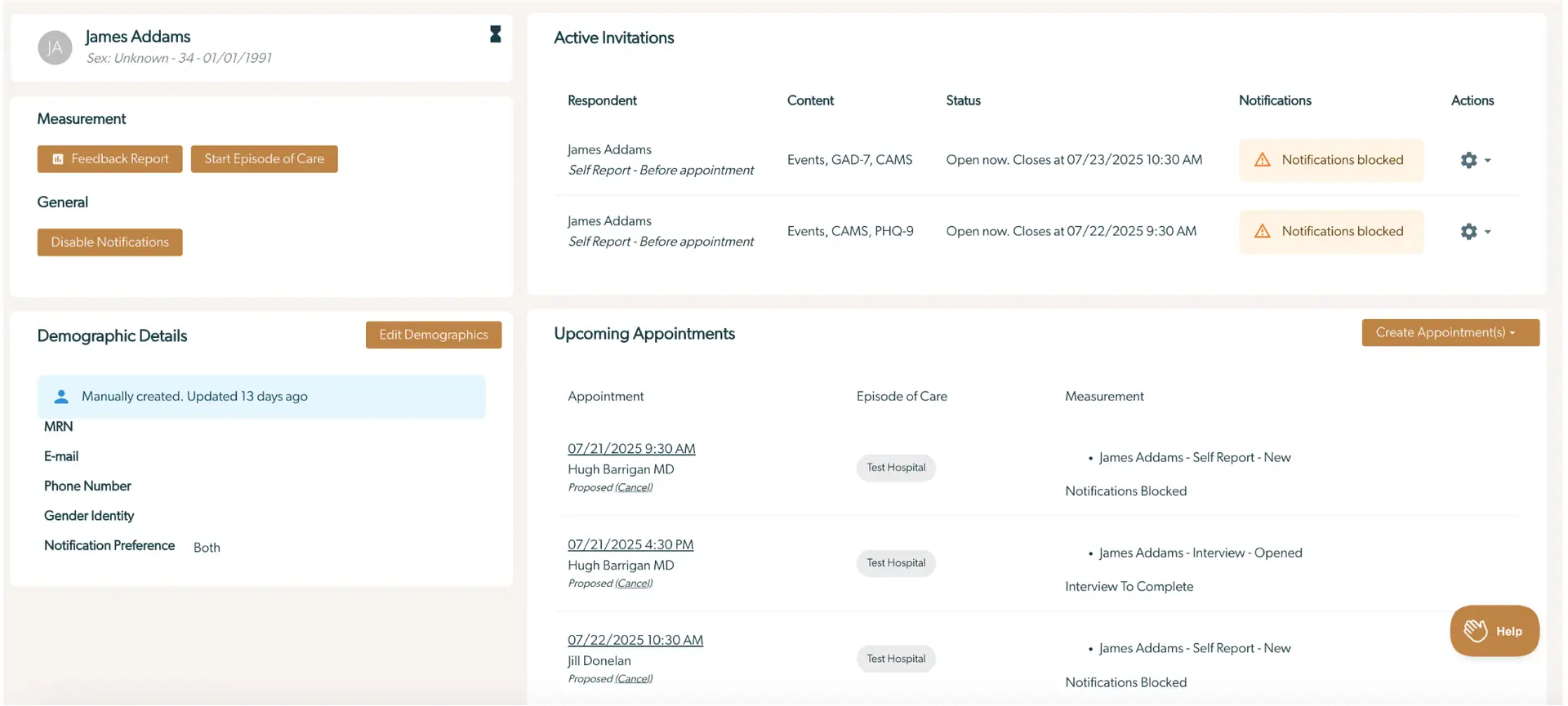 Mirah Measurement-Based Care interface showing patient details, active invitations, demographic details, and upcoming appointments.