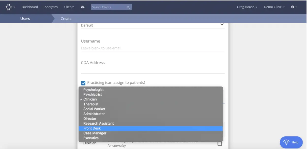 Mirah Measurement-Based Care - Users Create screen with role selection dropdown