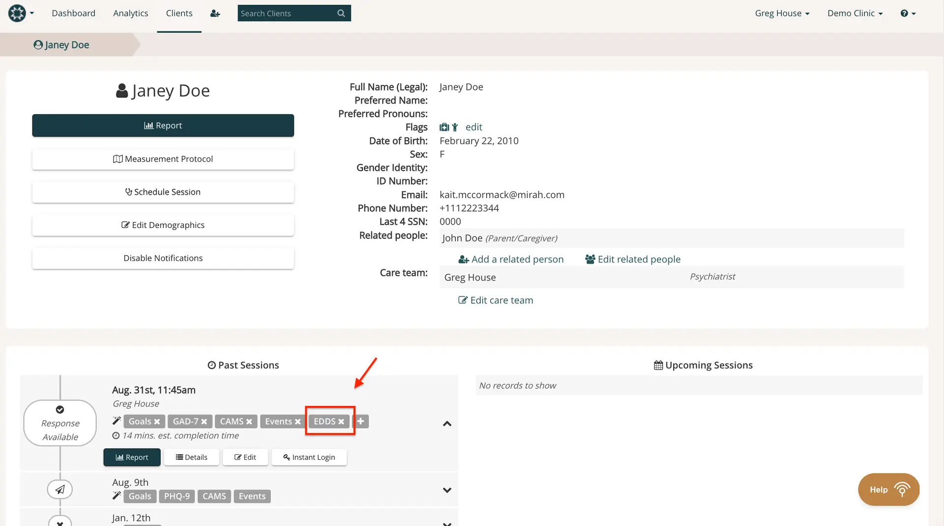 Mirah Measurement-Based Care client profile page for Janey Doe showing past sessions and client details.