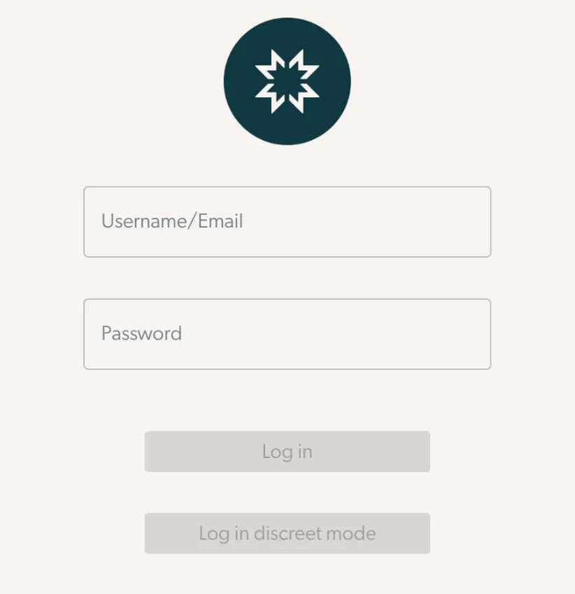 Mirah Measurement-Based Care login screen with fields for username/email and password, and options to log in or log in discreet mode.