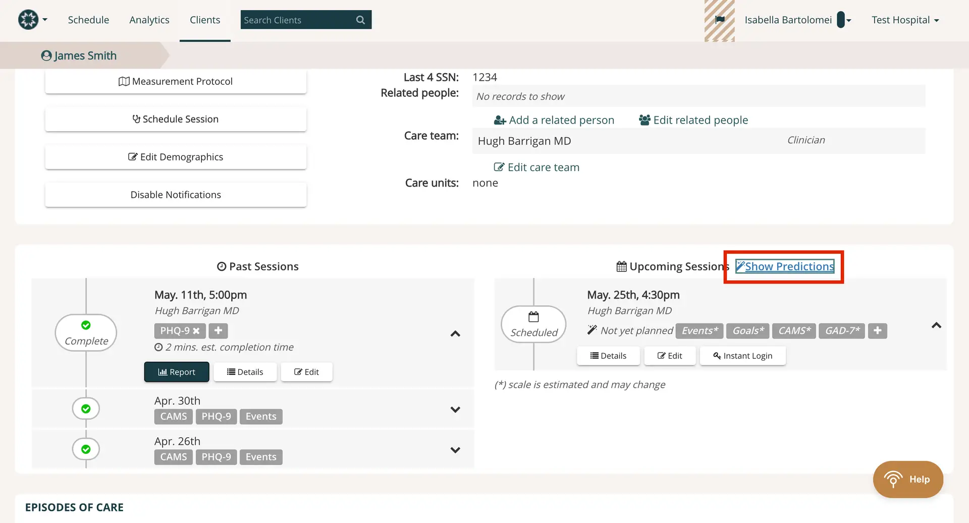 Mirah Measurement-Based Care Clients section showing James Smith's profile with past and upcoming sessions, and a highlighted 'Show Predictions' link.