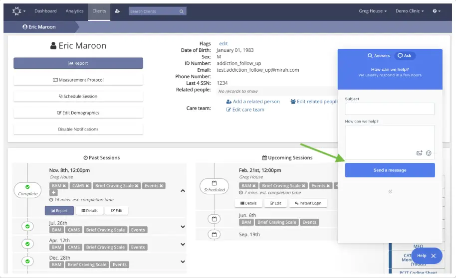 Mirah Measurement-Based Care client profile page for Eric Maroon with help beacon open